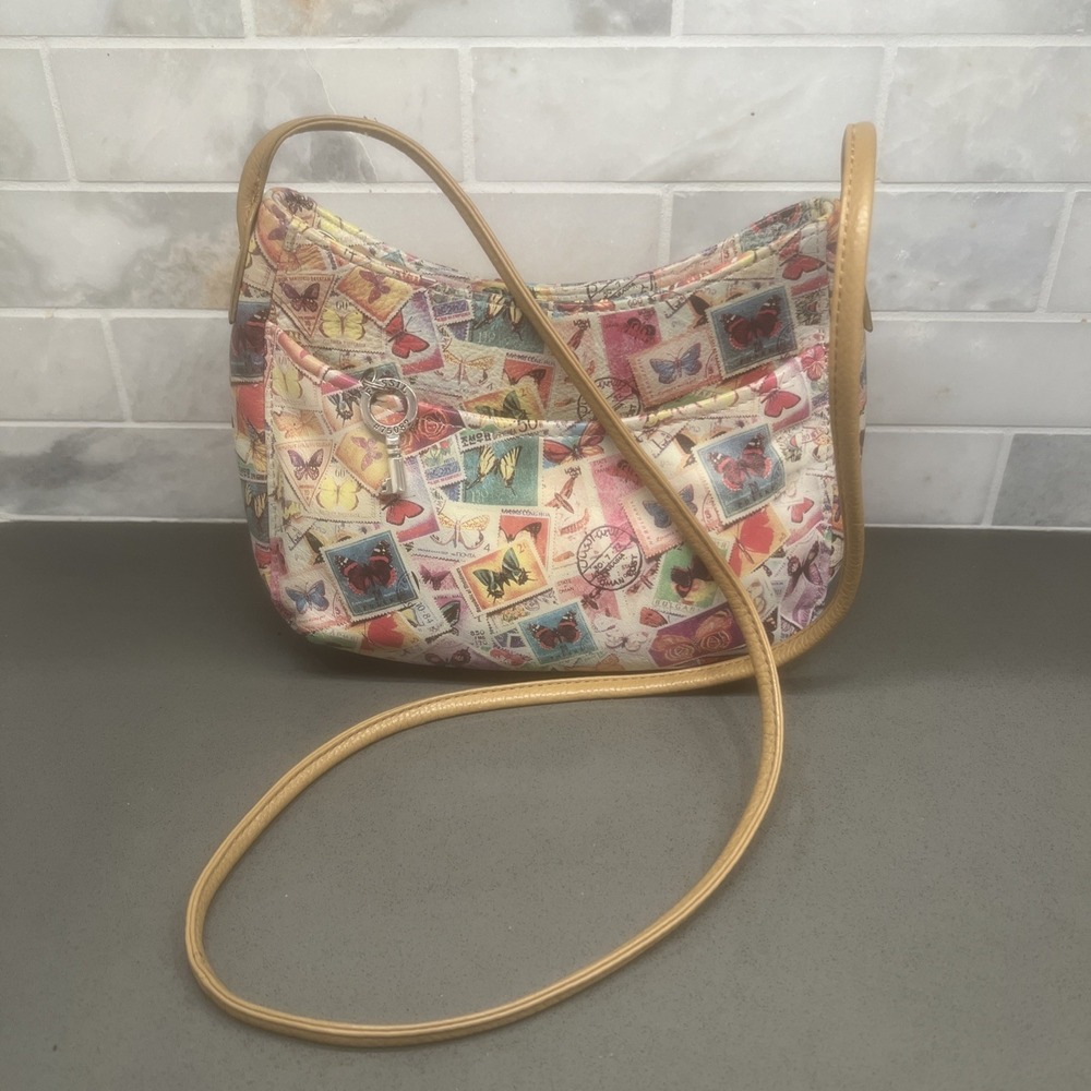VTG-Y2K Fossil Butterfly Stamp Purse Crossbody Bag Retro Tan Multicolor Leather
